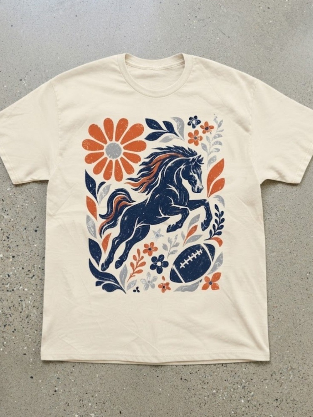 Distressed Navy Horse Floral Football Cotton Gildan Cotton T-shirt